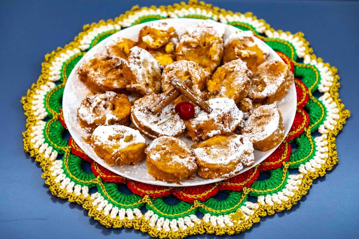 Authentic sweet Christmas French toast served with sugar and cinnamon in a Christmas atmosphere photo