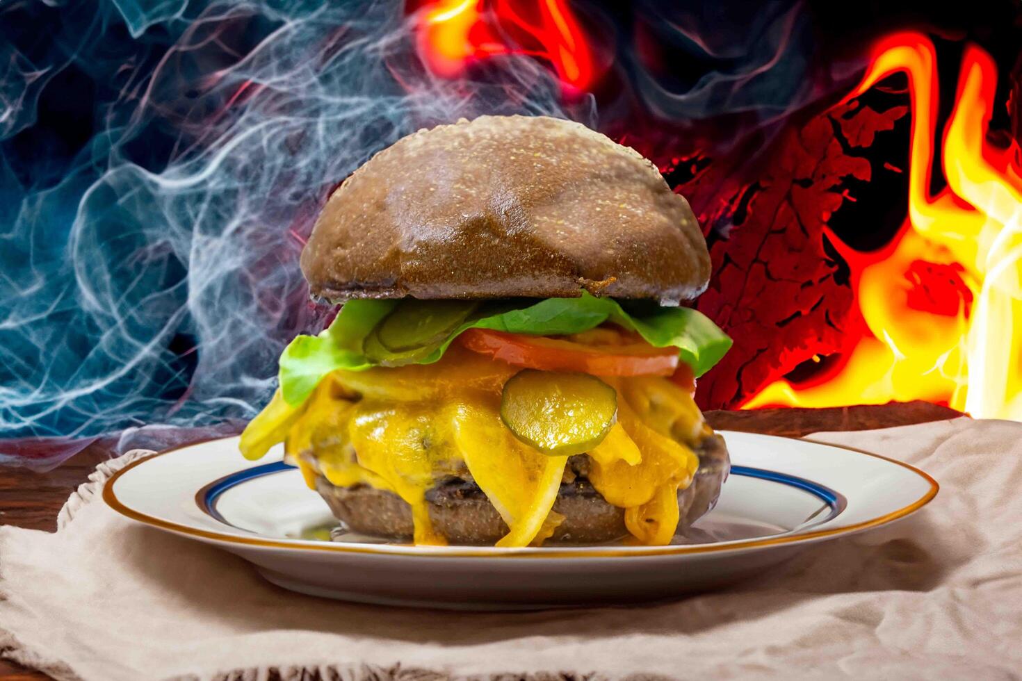 Traditional rustic burger sandwich with cheddar cheese, vegetables and Australian bread in creative photography and cozy village setting photo