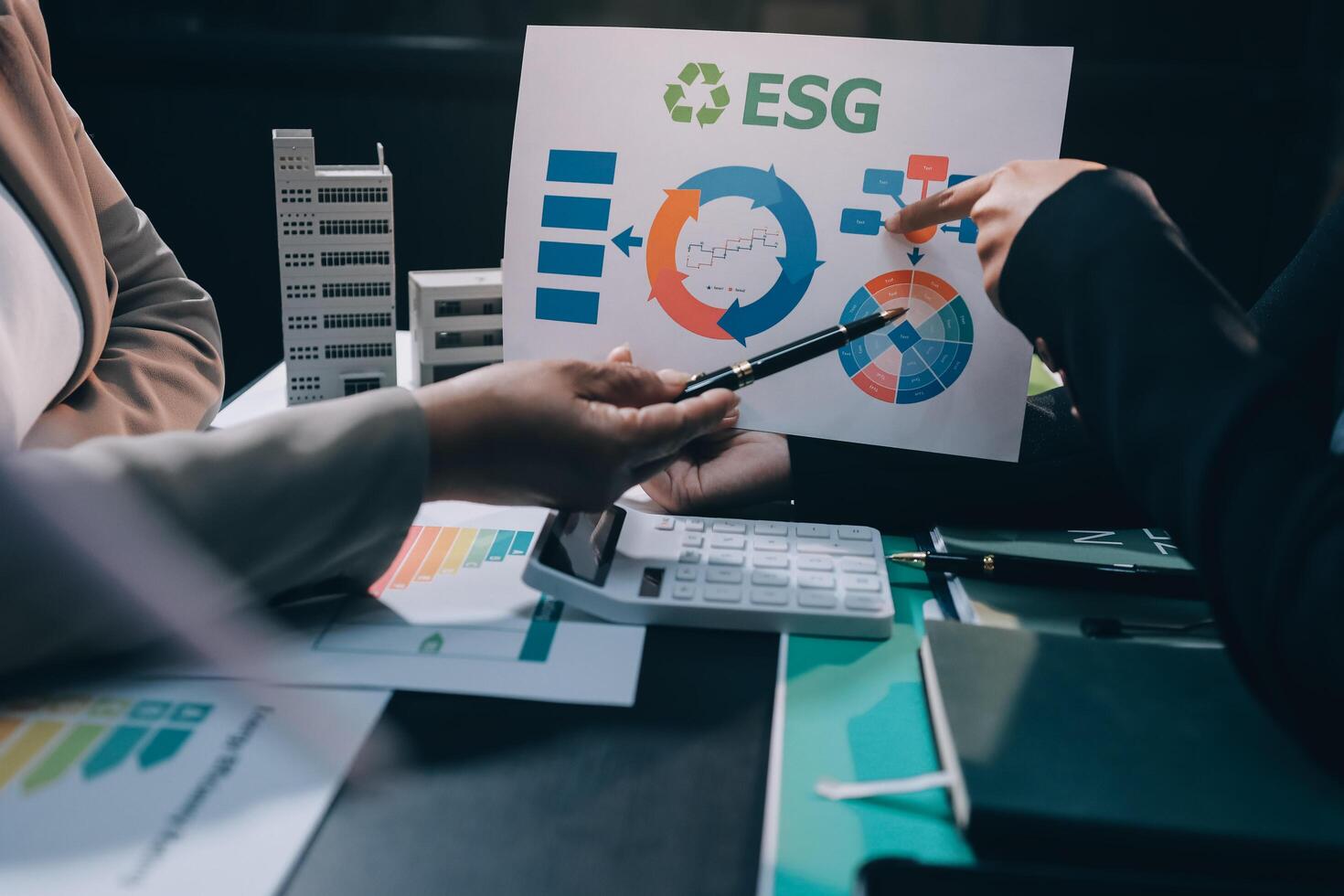 Carbon offset price report CO2 emission. Future growth Net zero waste in ESG ethical SME office protect climate change global warming social issues project. Group of asia people Eco friendly SDGs plan photo