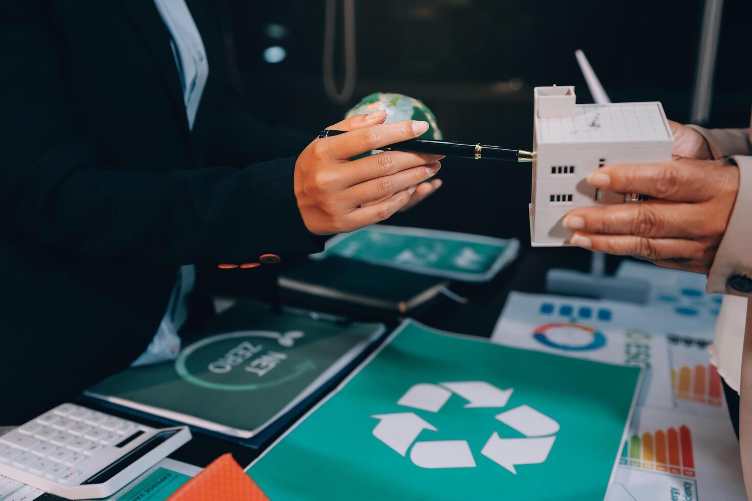 Carbon offset price report CO2 emission. Future growth Net zero waste in ESG ethical SME office protect climate change global warming social issues project. Group of asia people Eco friendly SDGs plan photo