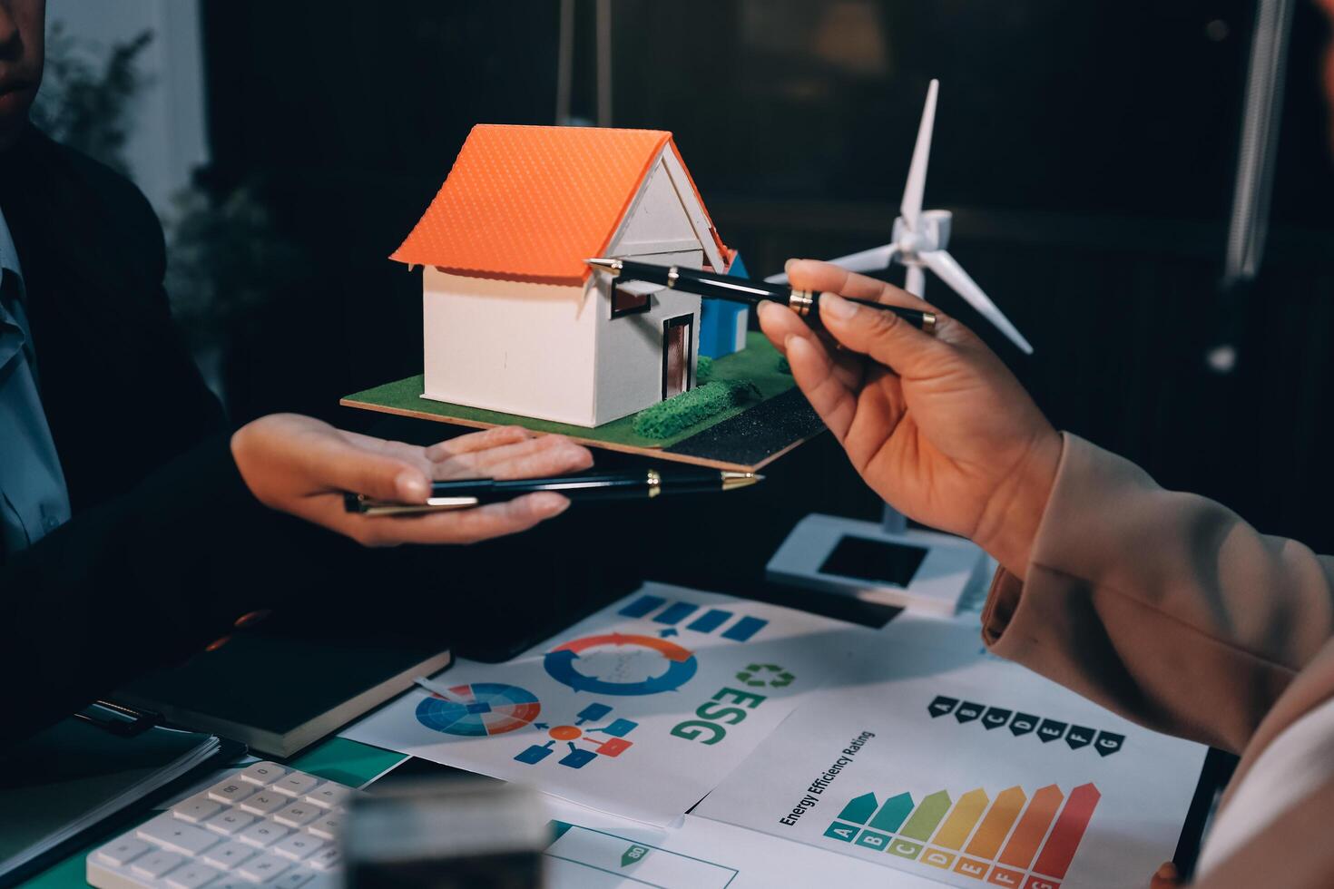 Carbon offset price report CO2 emission. Future growth Net zero waste in ESG ethical SME office protect climate change global warming social issues project. Group of asia people Eco friendly SDGs plan photo