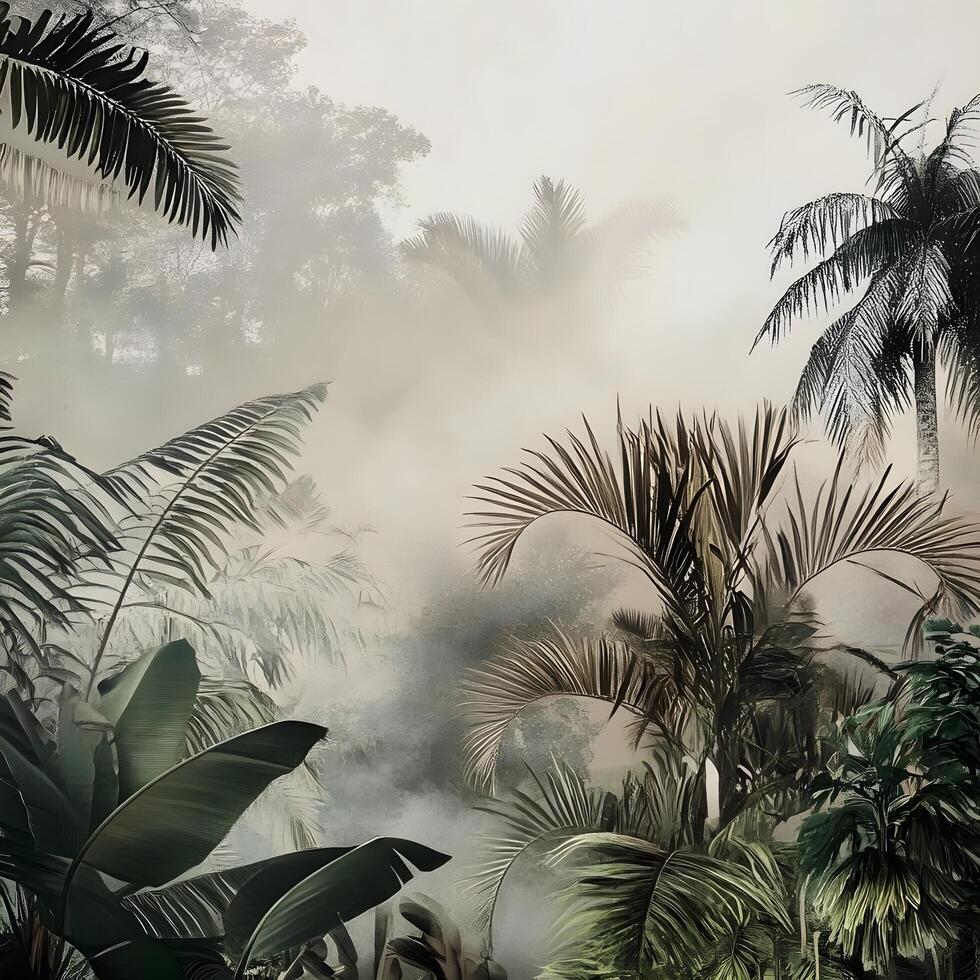 Tropical Jungle Rainforest trees foggy mist in the nature photo