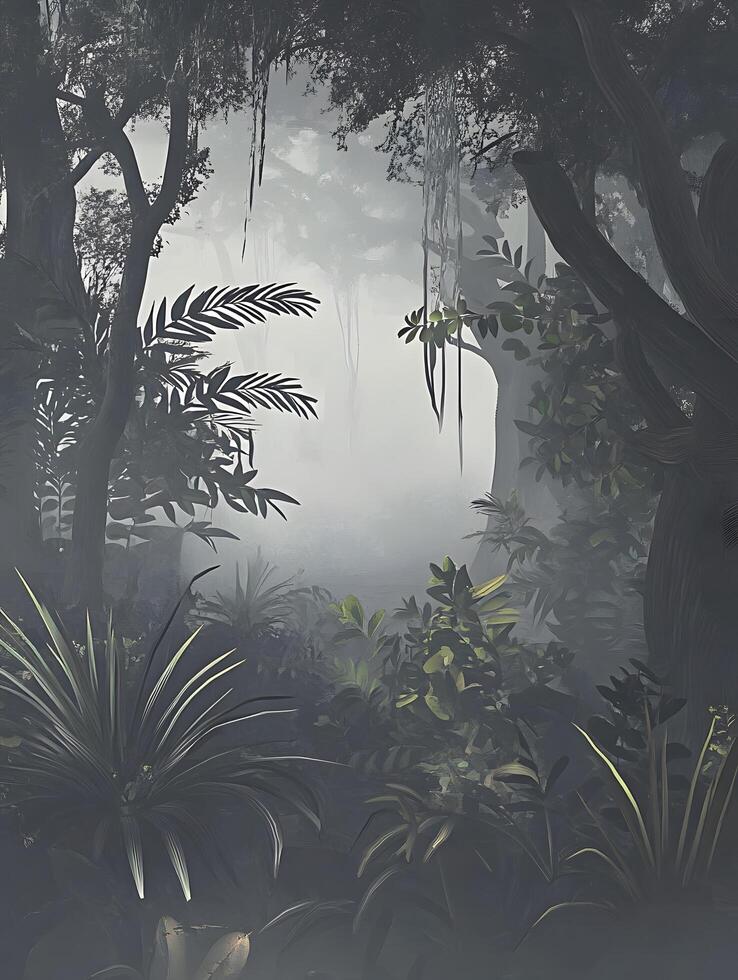 Exotic Tropical Jungle Rainforest trees fog and mist in the nature photo