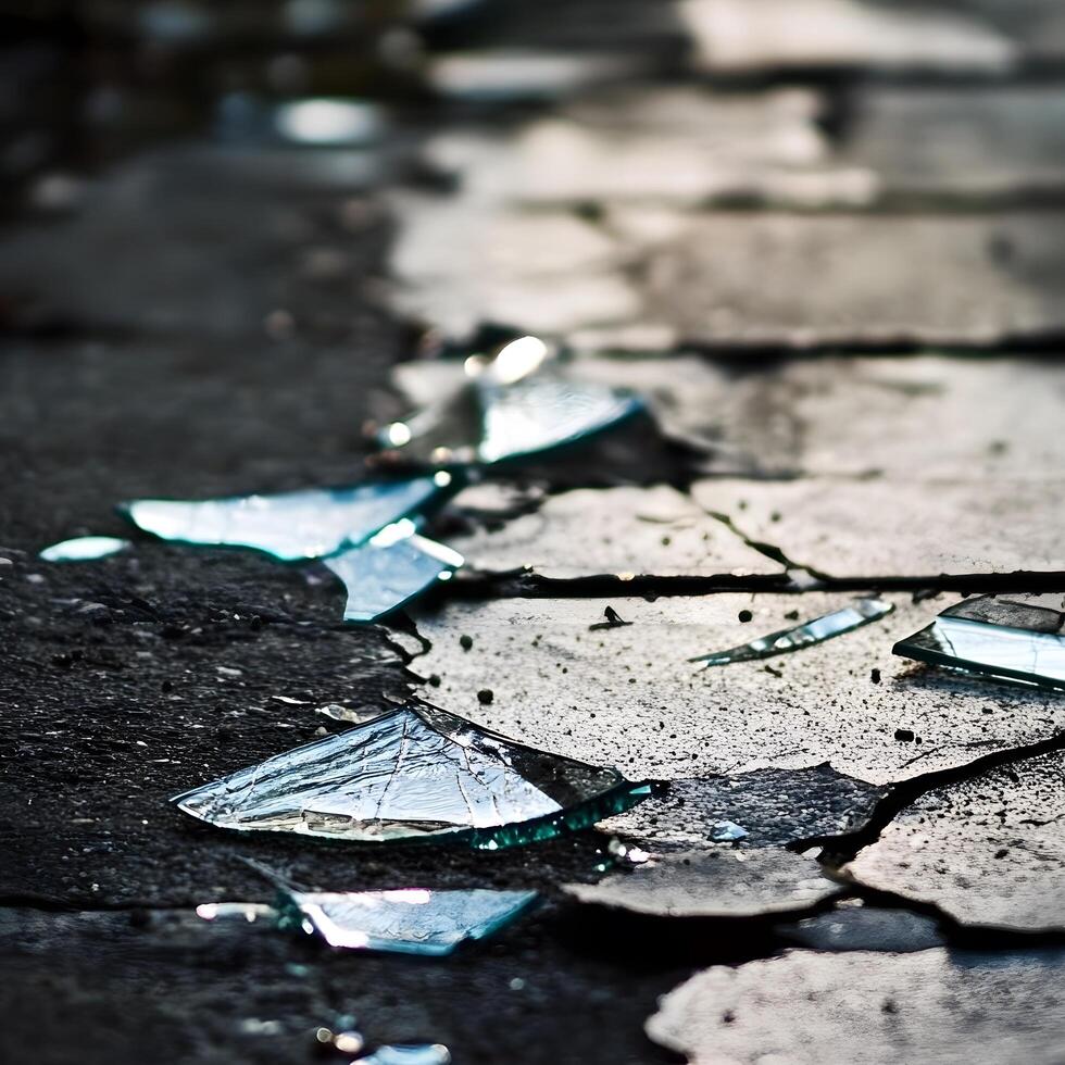 Shattered broken glass debris sharp pieces on the bottom photo