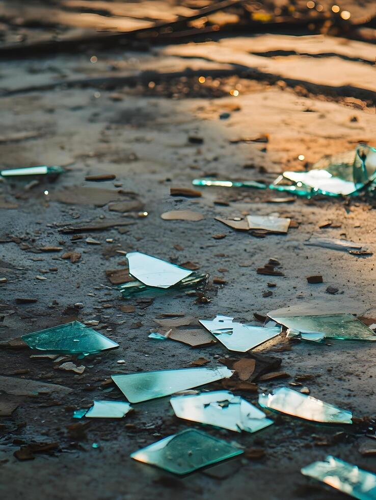 broken glass sharp debris pieces on the ground photo