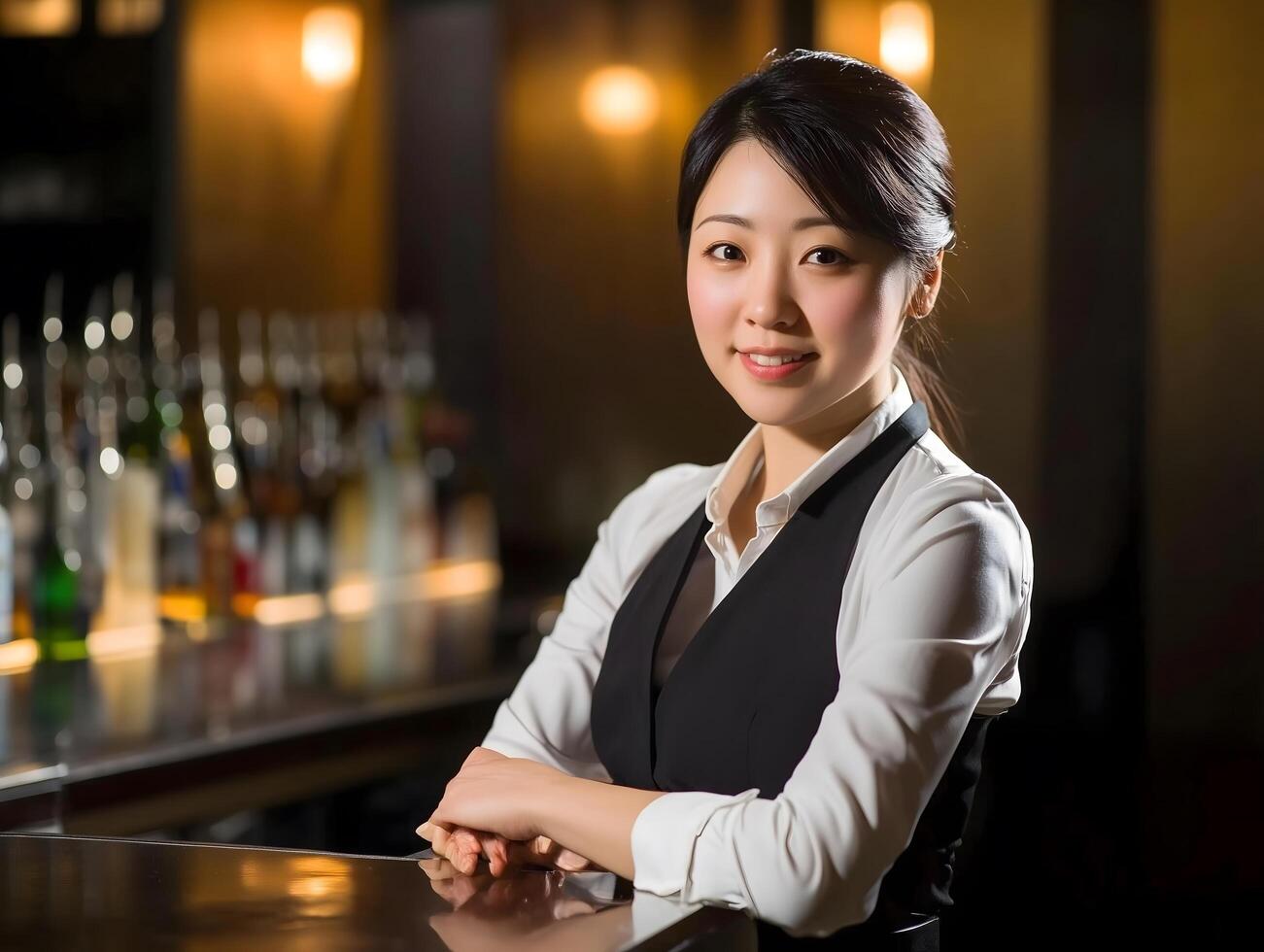 Happy Bartender Professional Barkeeper Woman Female Bar photo