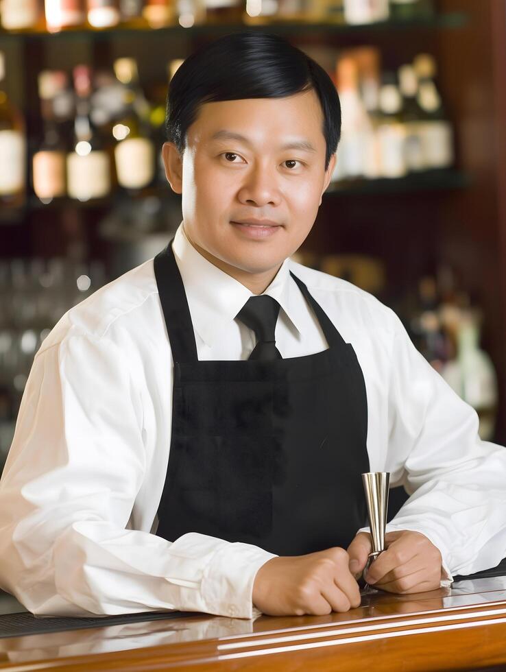 Smiling Bartender Professional Nightlife Barkeeper Man Male Bar Worker Guy photo