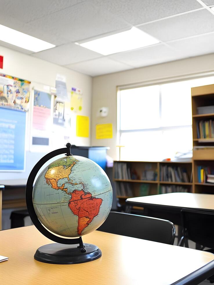Globe in a school class primary education geography map on a desk photo