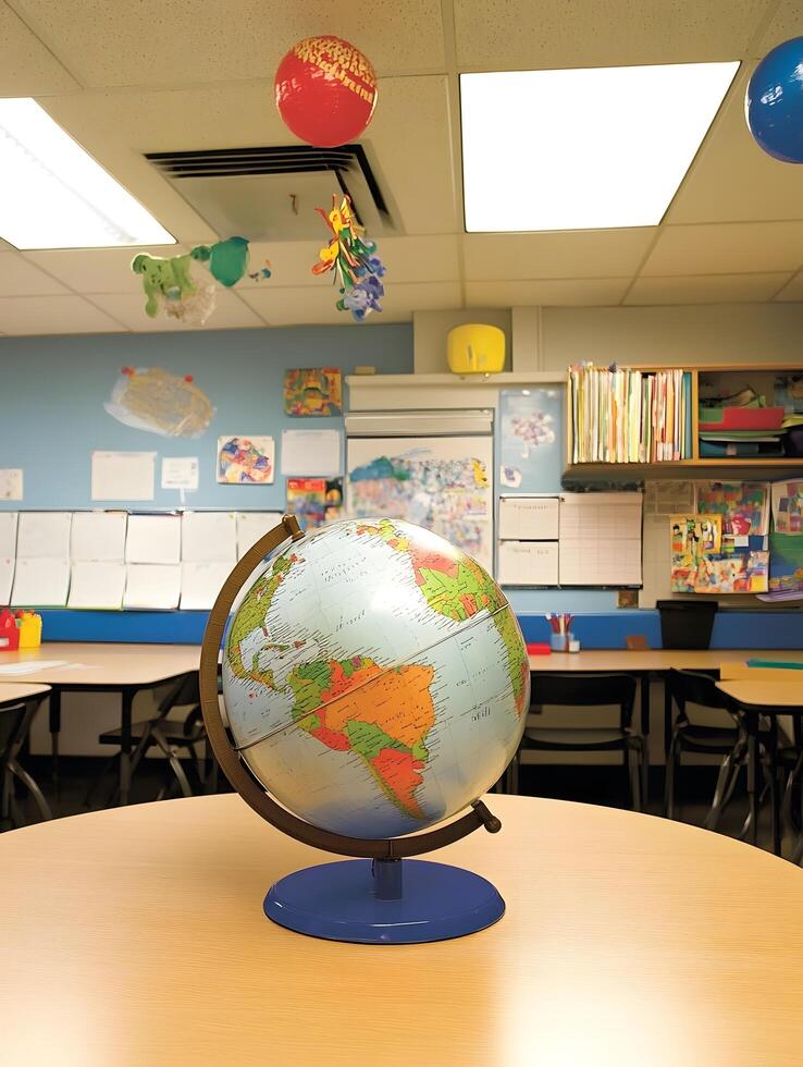 Globe in a school classroom educate geography map on a desk photo