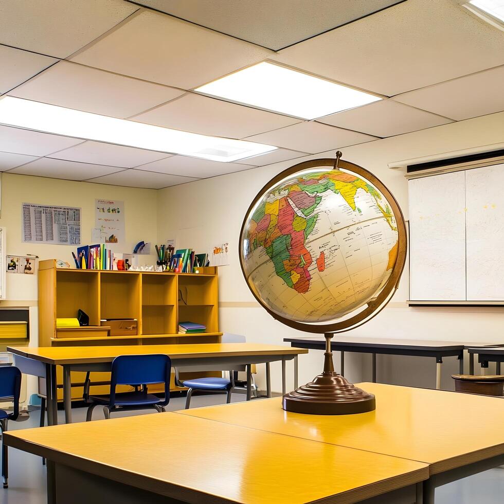 Globe in a school classroom learning educate geography map on a desk photo