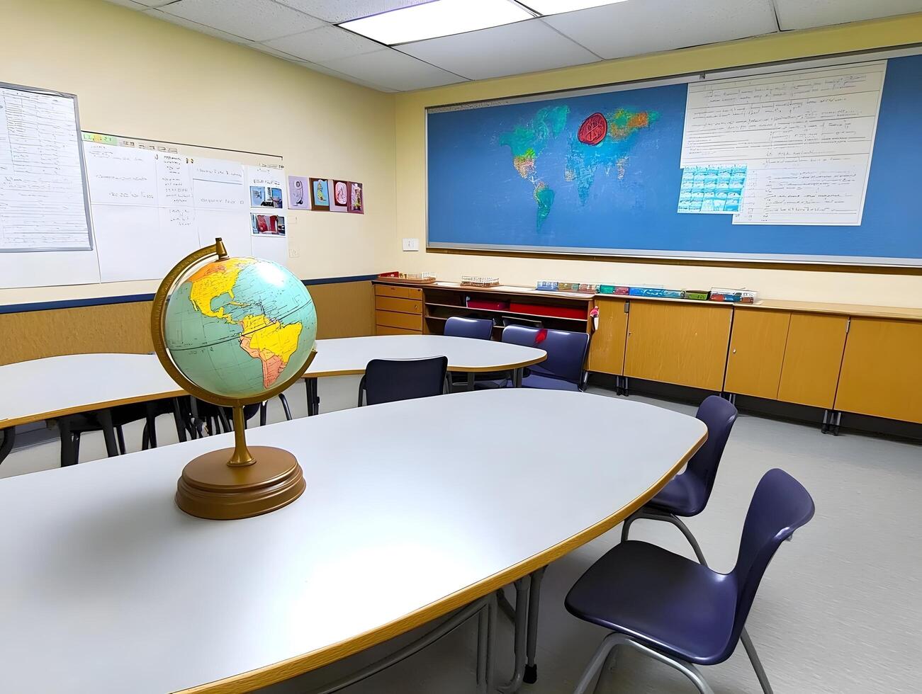 Globe in a school classroom primary educate geography map on a desk photo