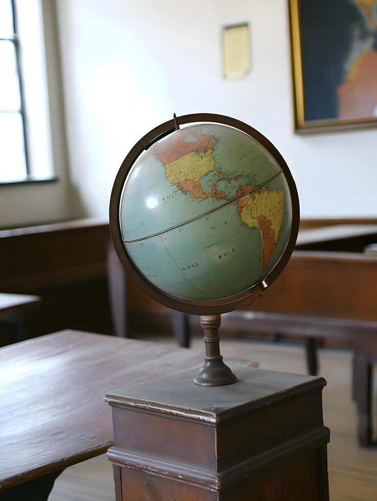 Globe in a school classroom primary geography map on a desk photo
