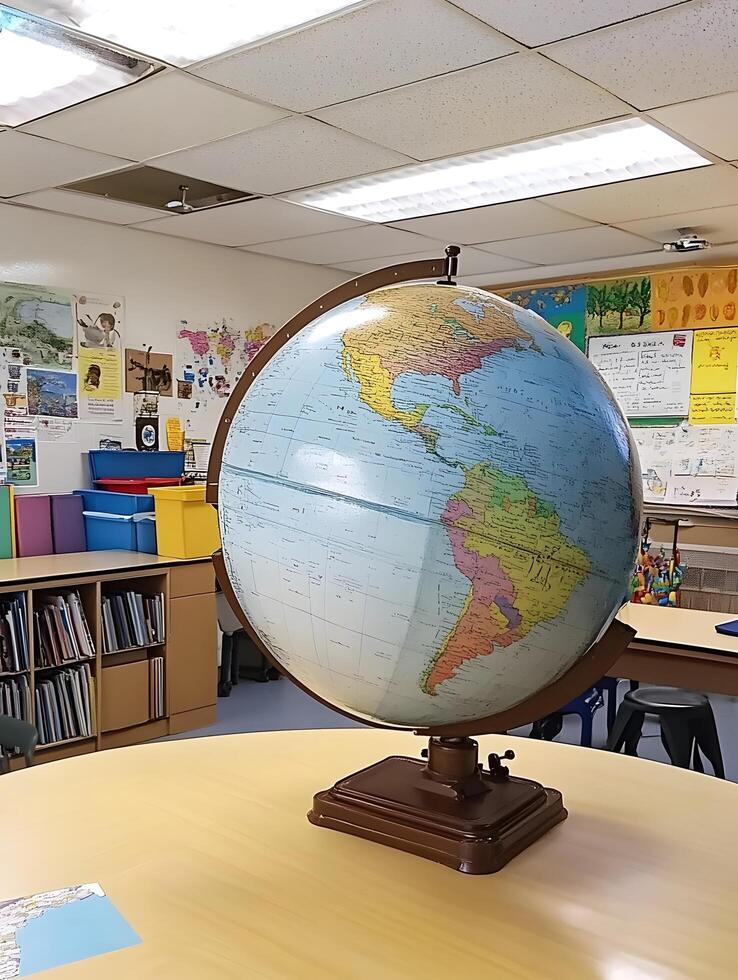 Globe in a school classroom education geography World map photo
