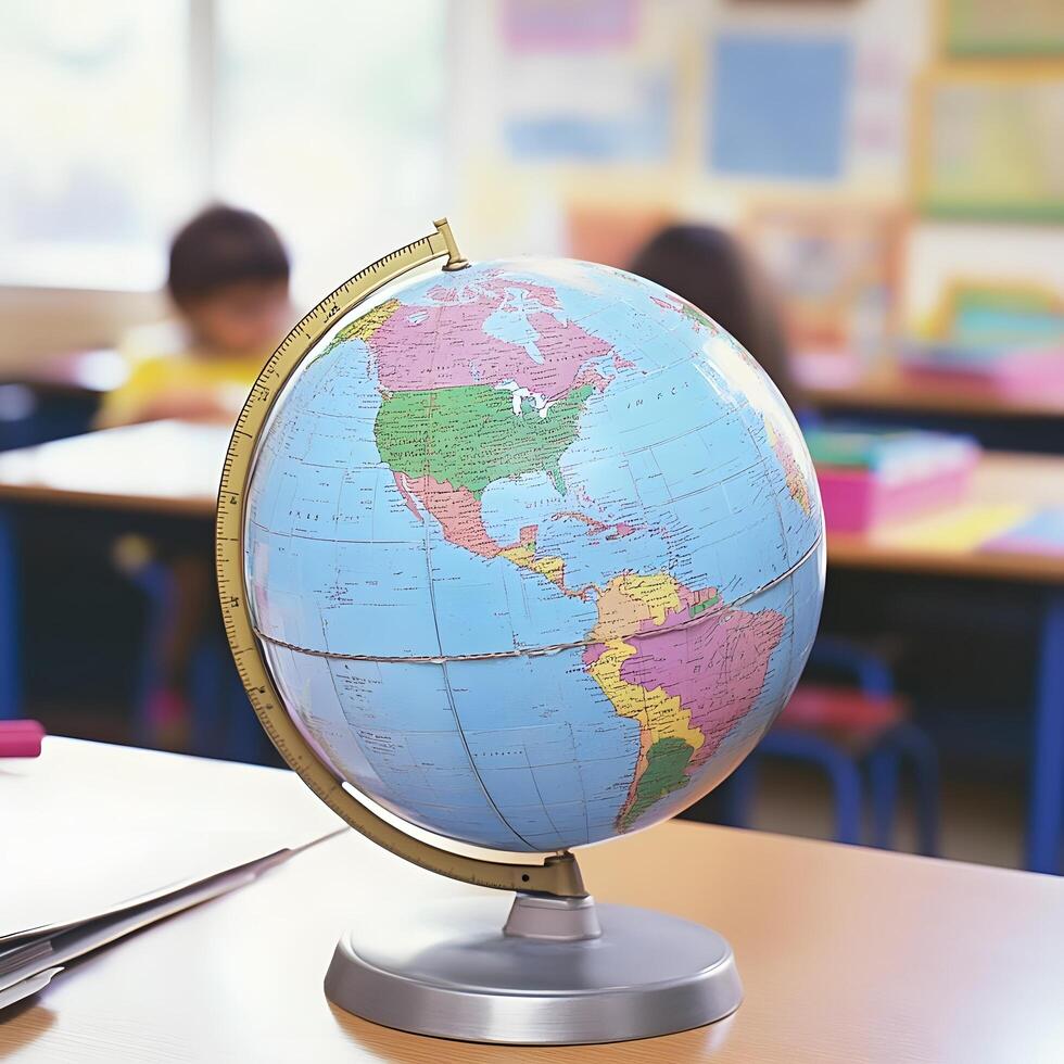 World Globe in a school class learning education geography map on a desk photo