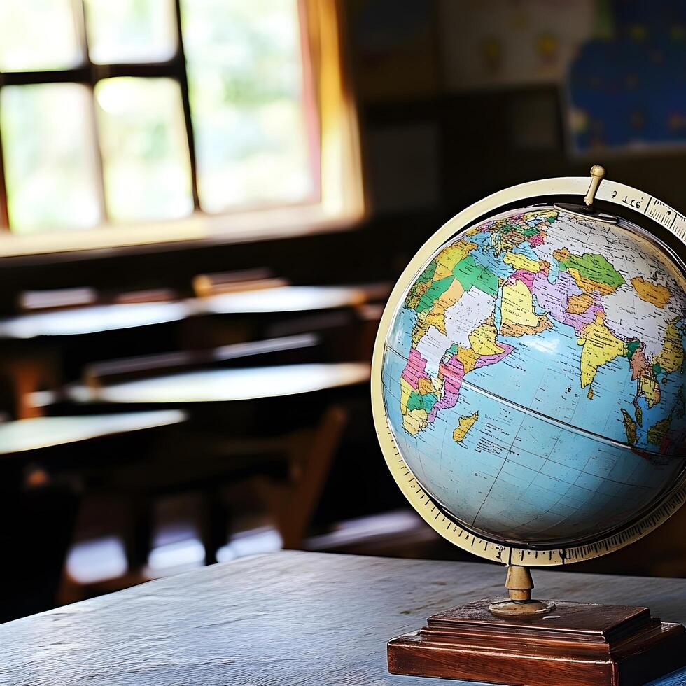 Globe in a school classroom primary education geography map on a desk photo