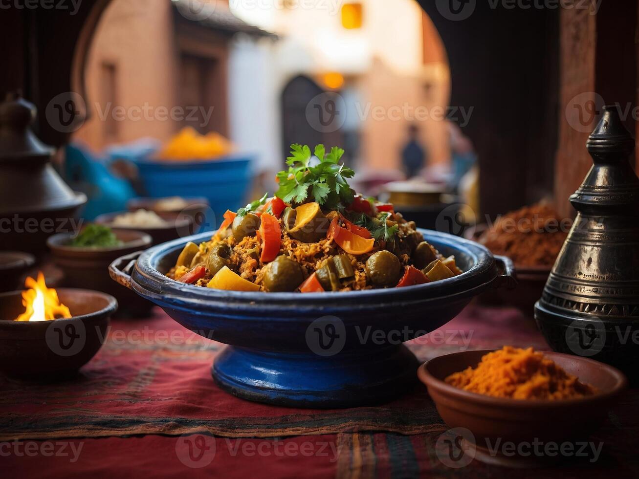 Colorful Moroccan dish served in a traditional setting with spices and fresh ingredients photo