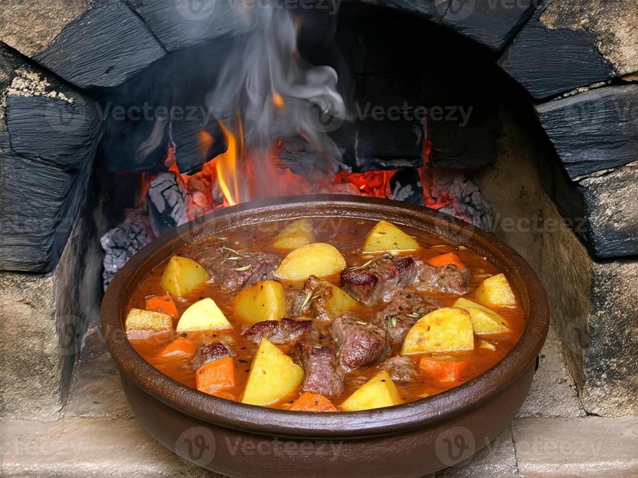 Cooking a hearty stew with meat and vegetables over an open fire in a traditional clay pot photo