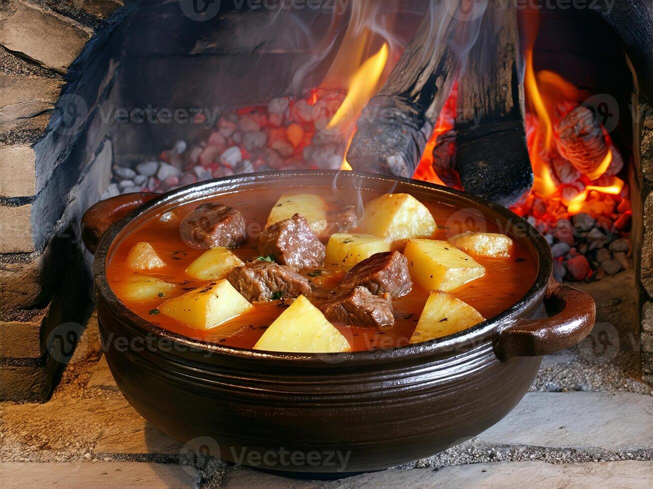 Delicious stew cooking in a traditional pot near a roaring fireplace with fresh ingredients photo
