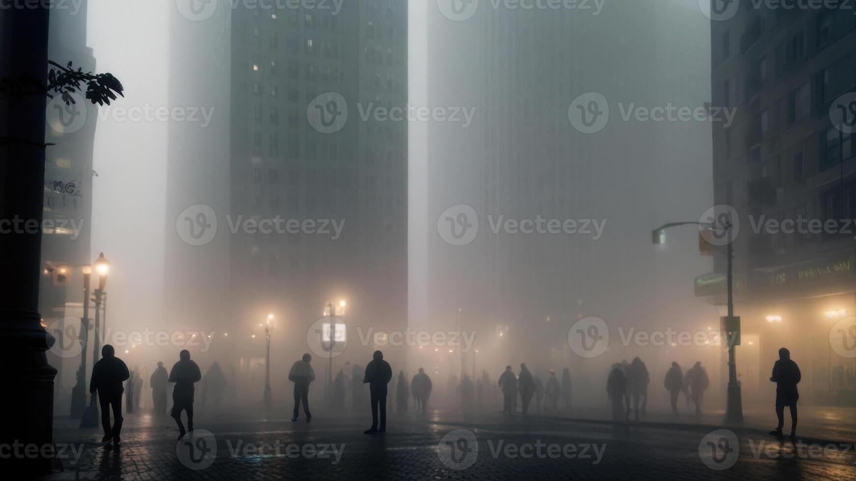 Foggy city street with blurred lights and silhouettes. photo