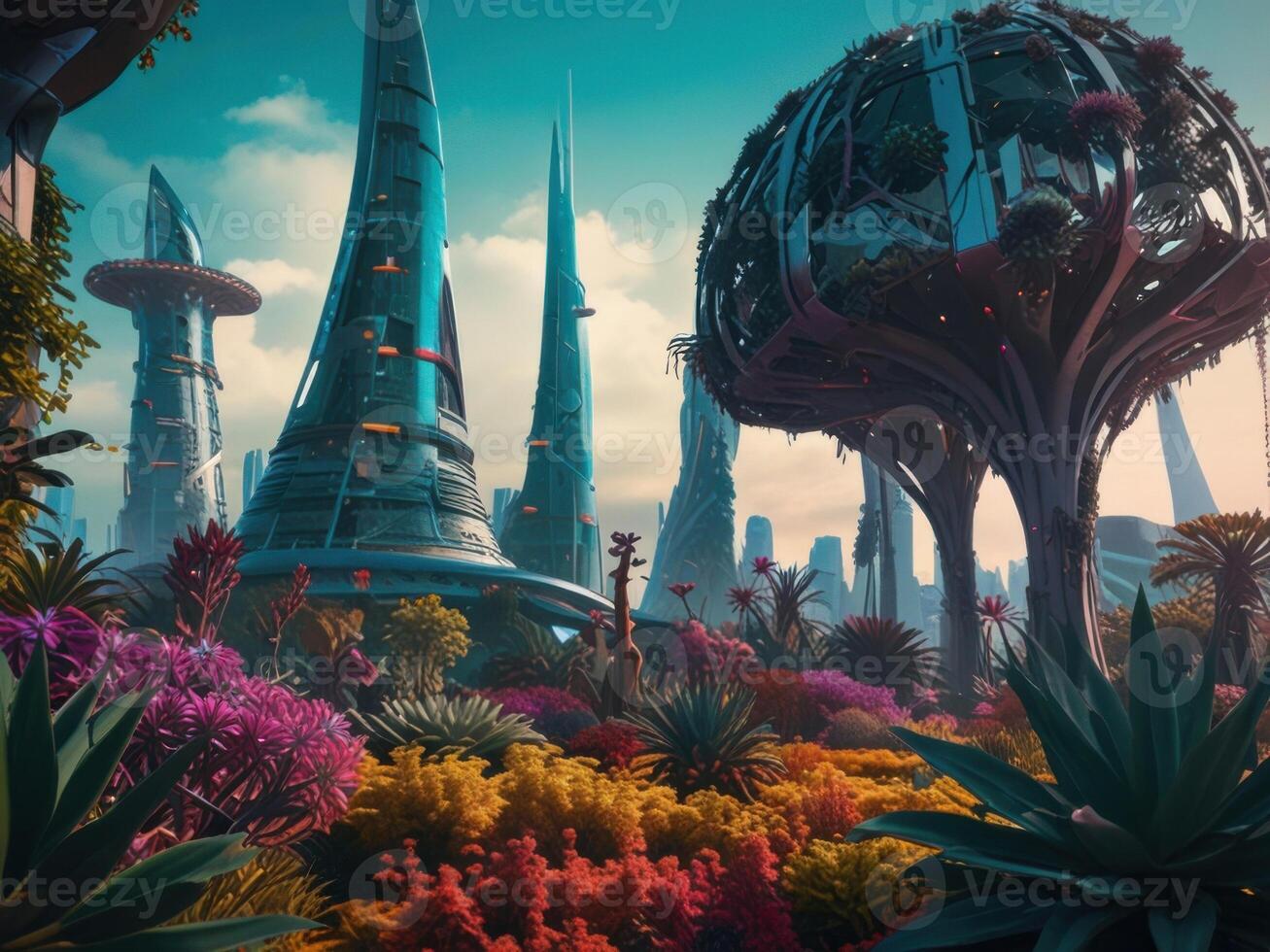 Prehistoric-inspired gardens in modern city decoration. Vegetation in park. Urban jungle. Futuristic cityscape with ancient ecosystems. photo