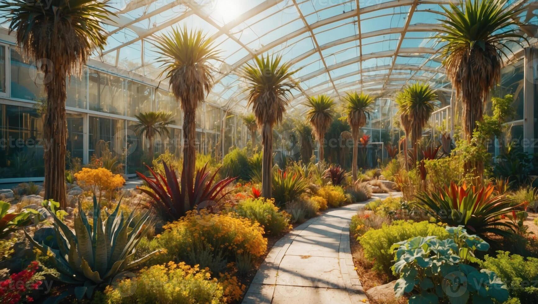 Prehistoric-inspired gardens in modern city decoration. Vegetation in park. Urban jungle. Futuristic cityscape with ancient ecosystems. photo
