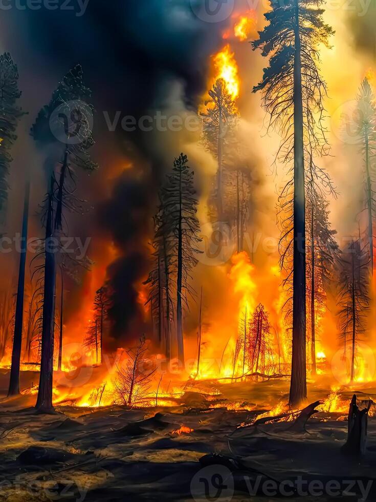 Wildfire in a forest. Nature disaster. photo