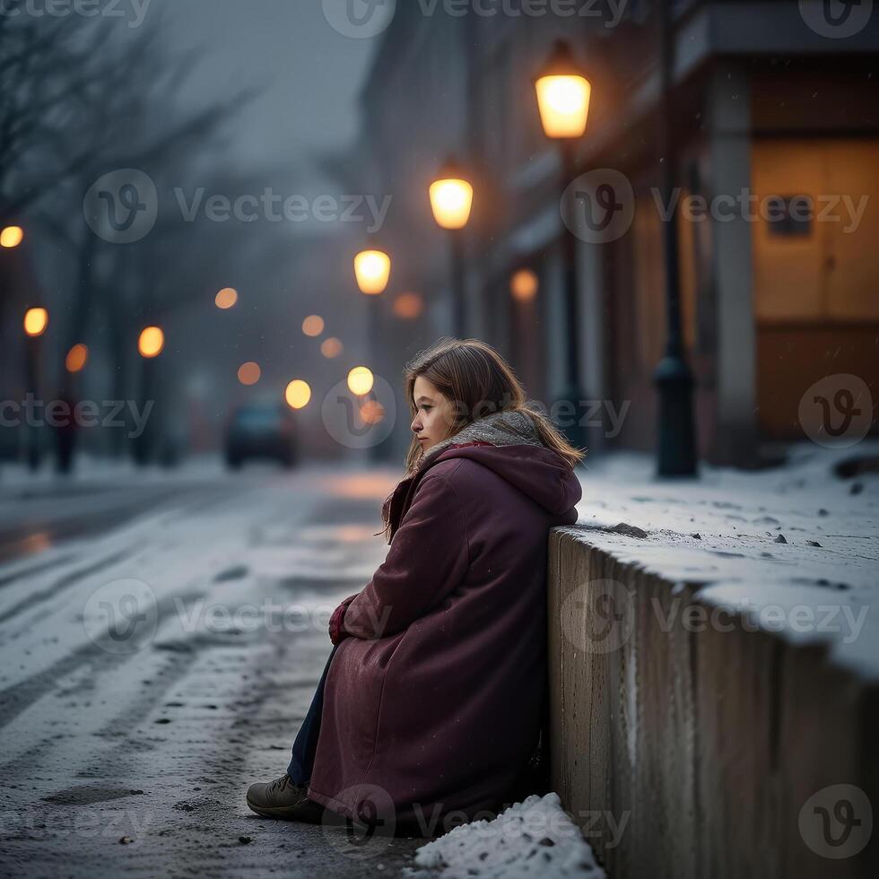 Homeless woman in the urban street. photo