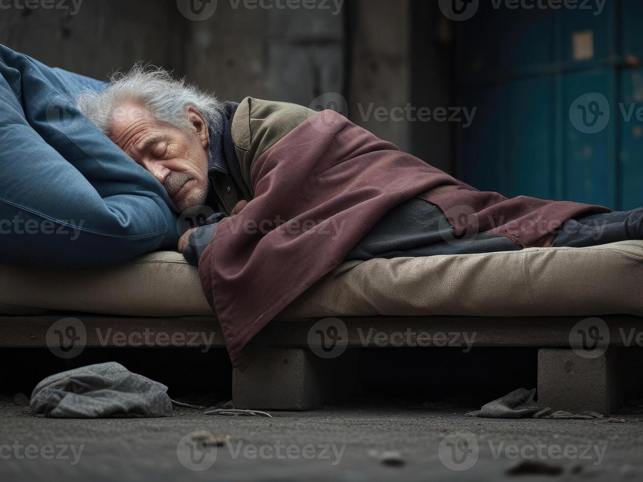 Homeless man sleeping in the old sofa. photo