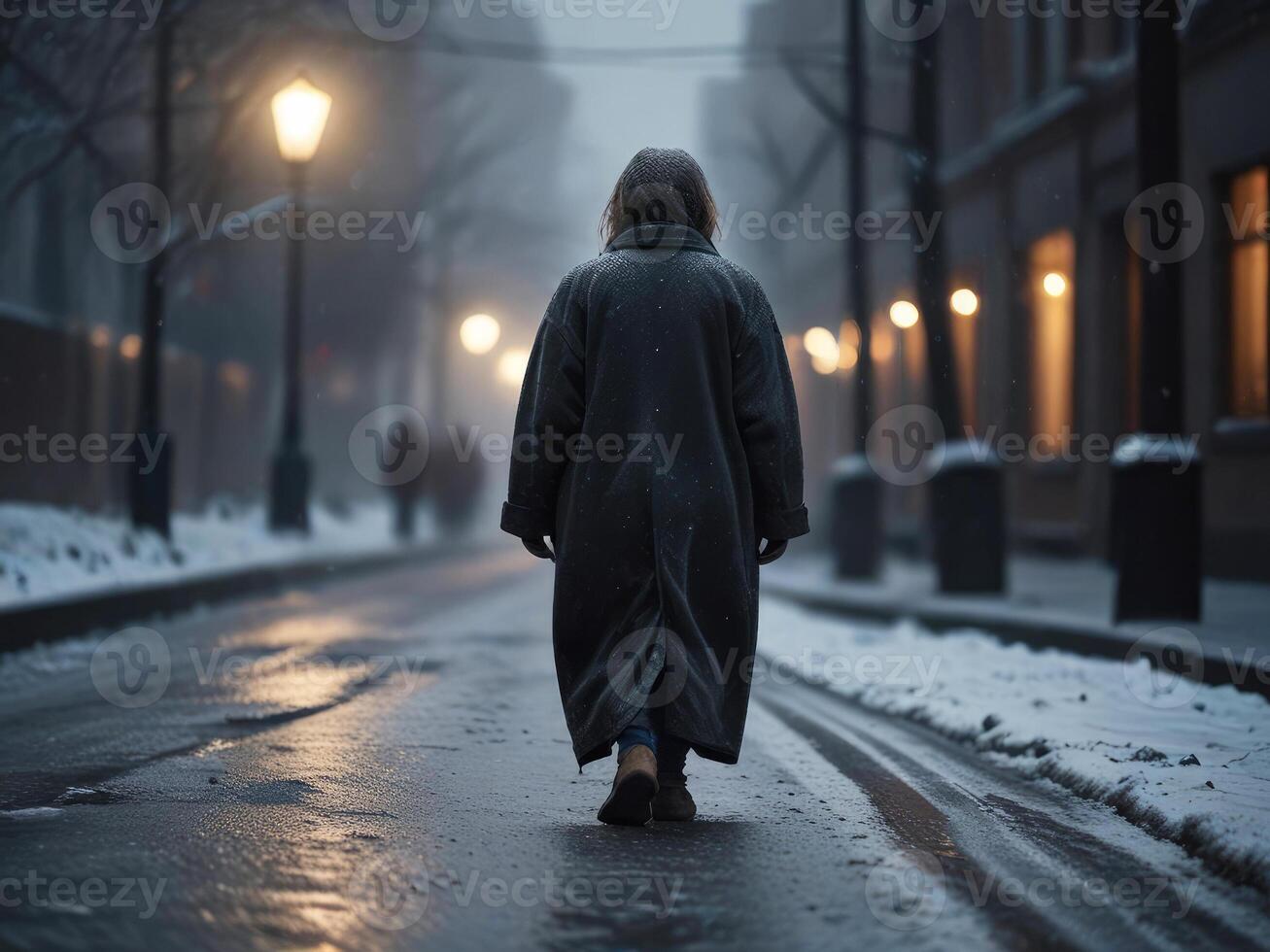 Homeless woman in the urban street. photo