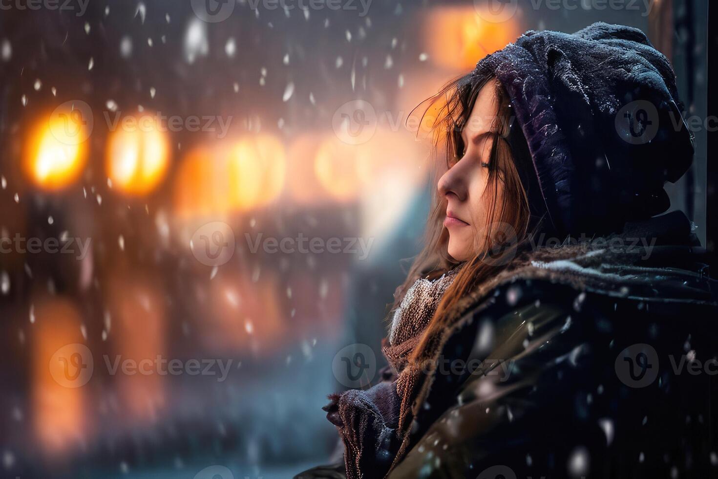 Homeless woman in the urban street. photo