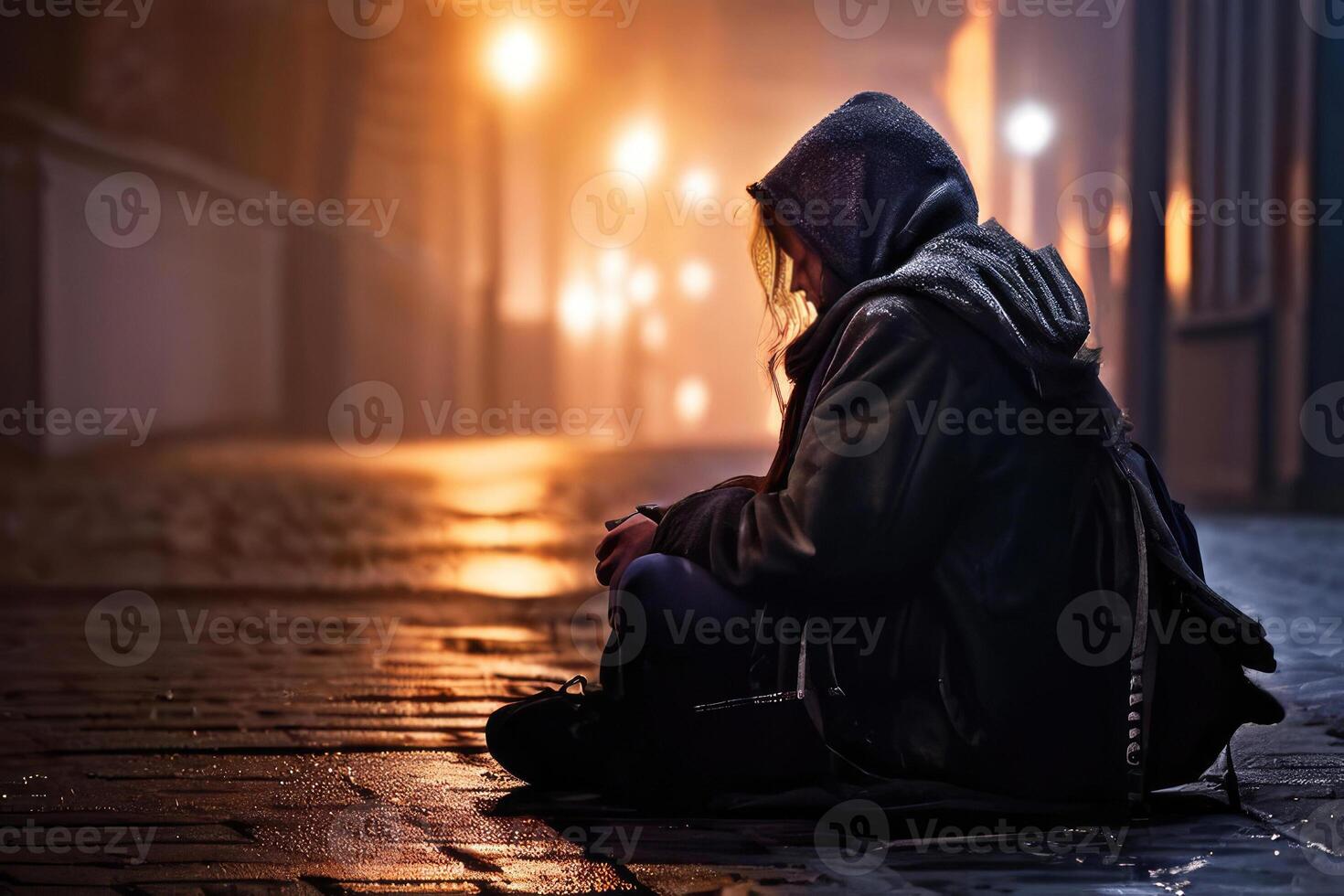 Homeless woman in the urban street. photo