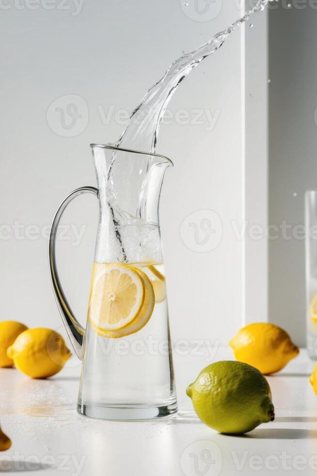 A pitcher of lemonade with a splash of water on top and lemons in the background. photo
