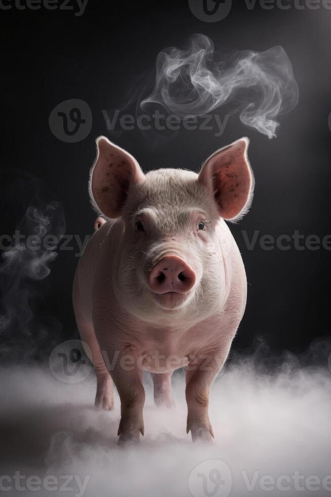 A pig stands confidently amidst swirling mist in a dark environment. photo