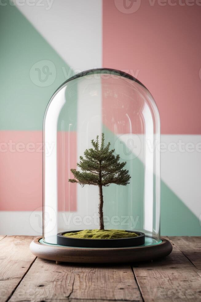 A small tree in a glass dome on a wooden table. photo