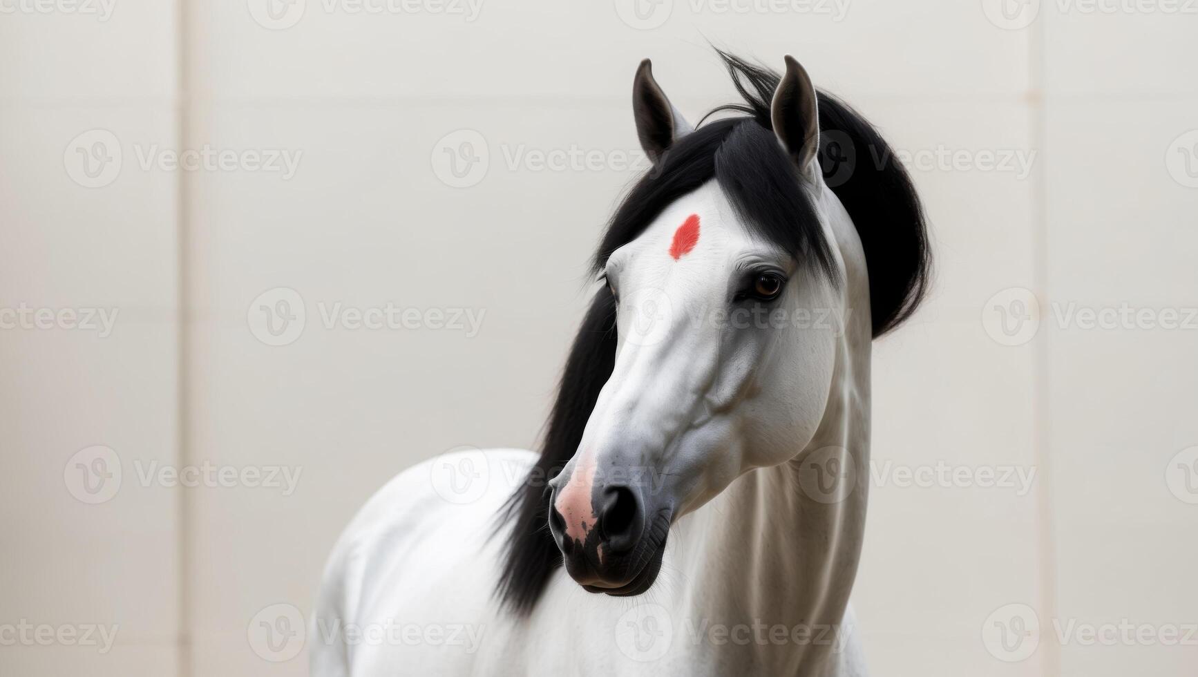 A white horse with a black mane and a red mark on its forehead. photo