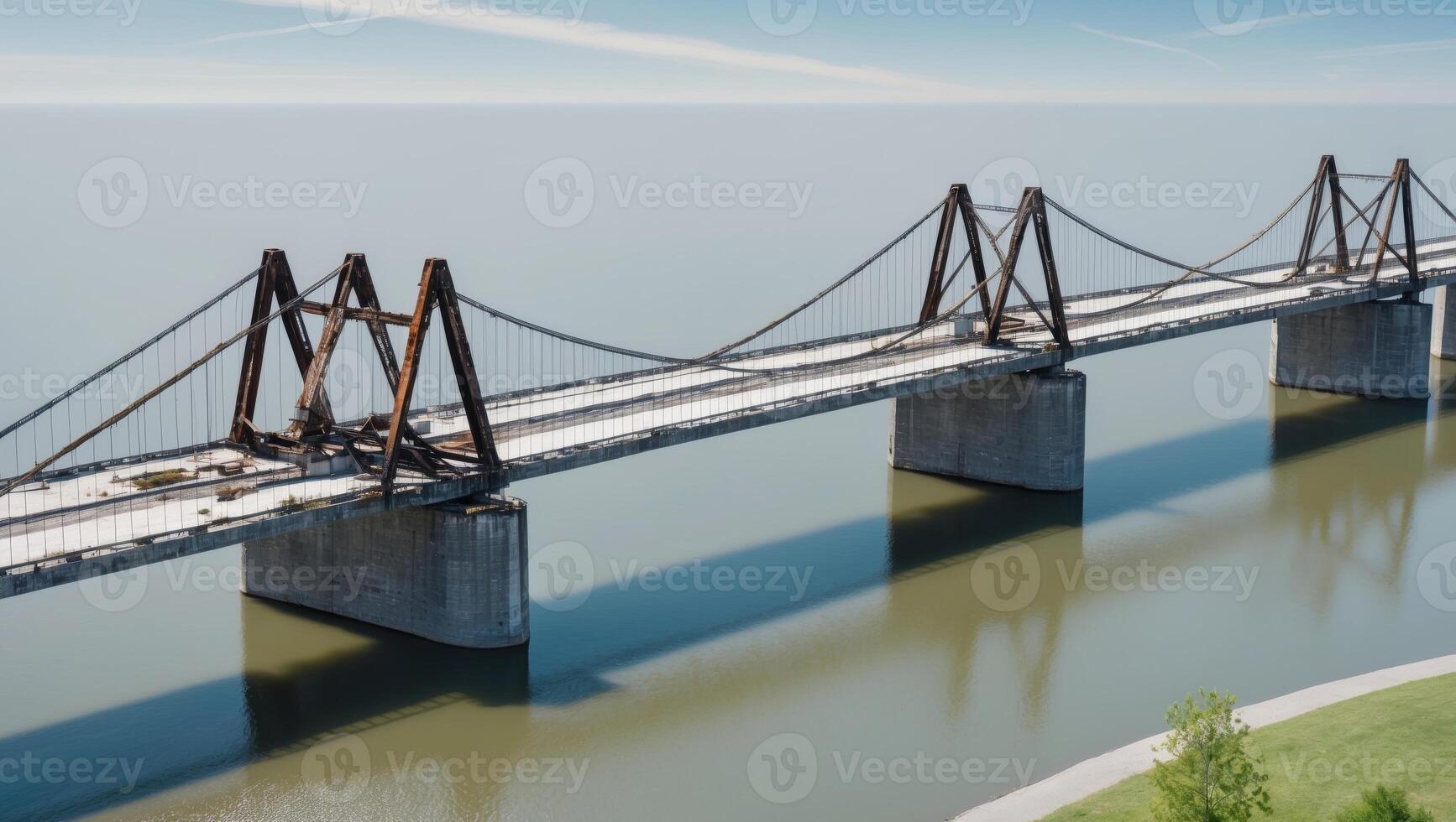 Aerial View of a Partially Demolished Bridge over a Waterway. photo