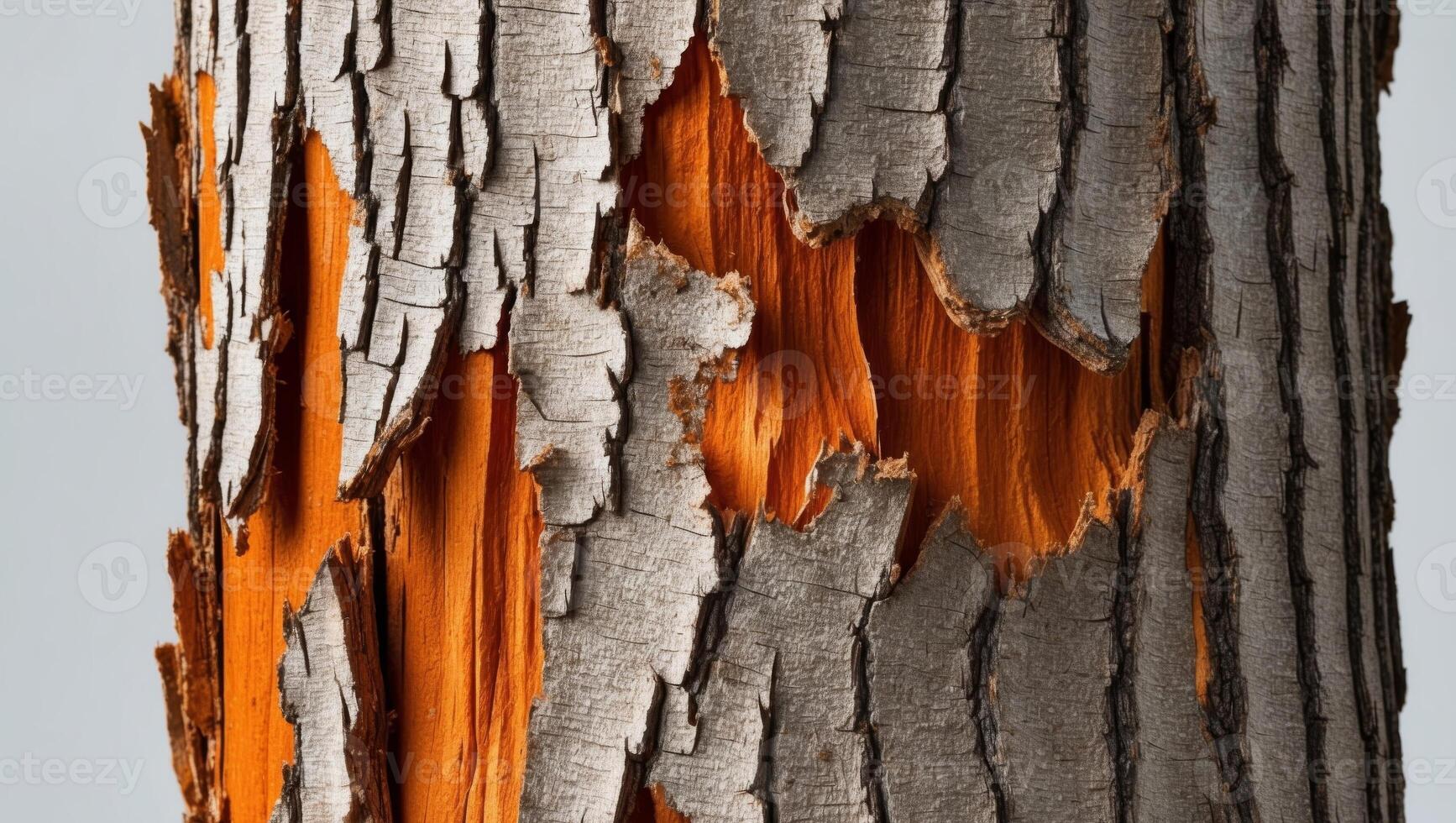 A tight shot of tree bark displaying lifted patches of browning and orangery peel. photo