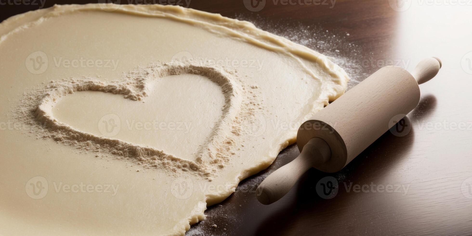 Baked background with a flour heart and rolling pin on a dark table. photo