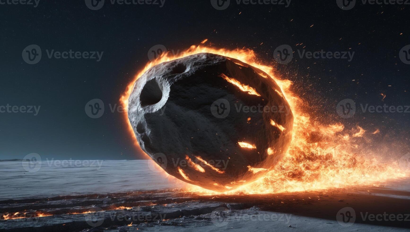 Asteroid burning through space with bright flames and debris at night. photo