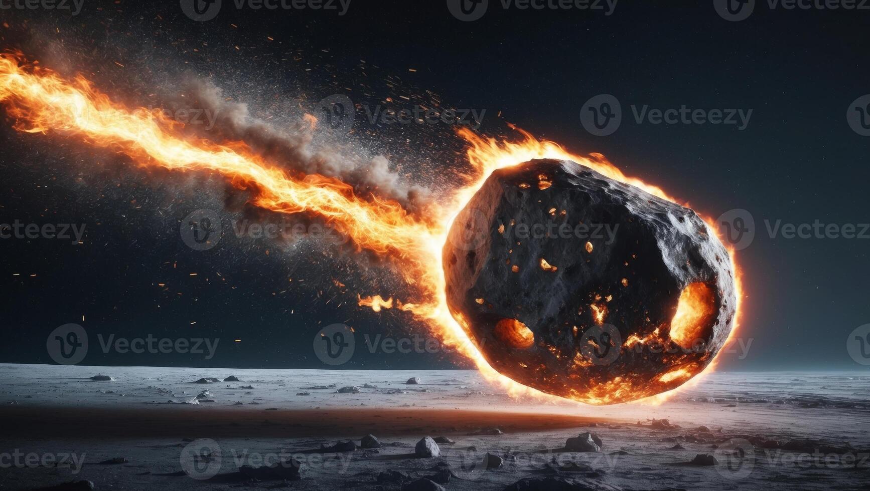 Asteroid burning through space with bright flames and debris at night. photo