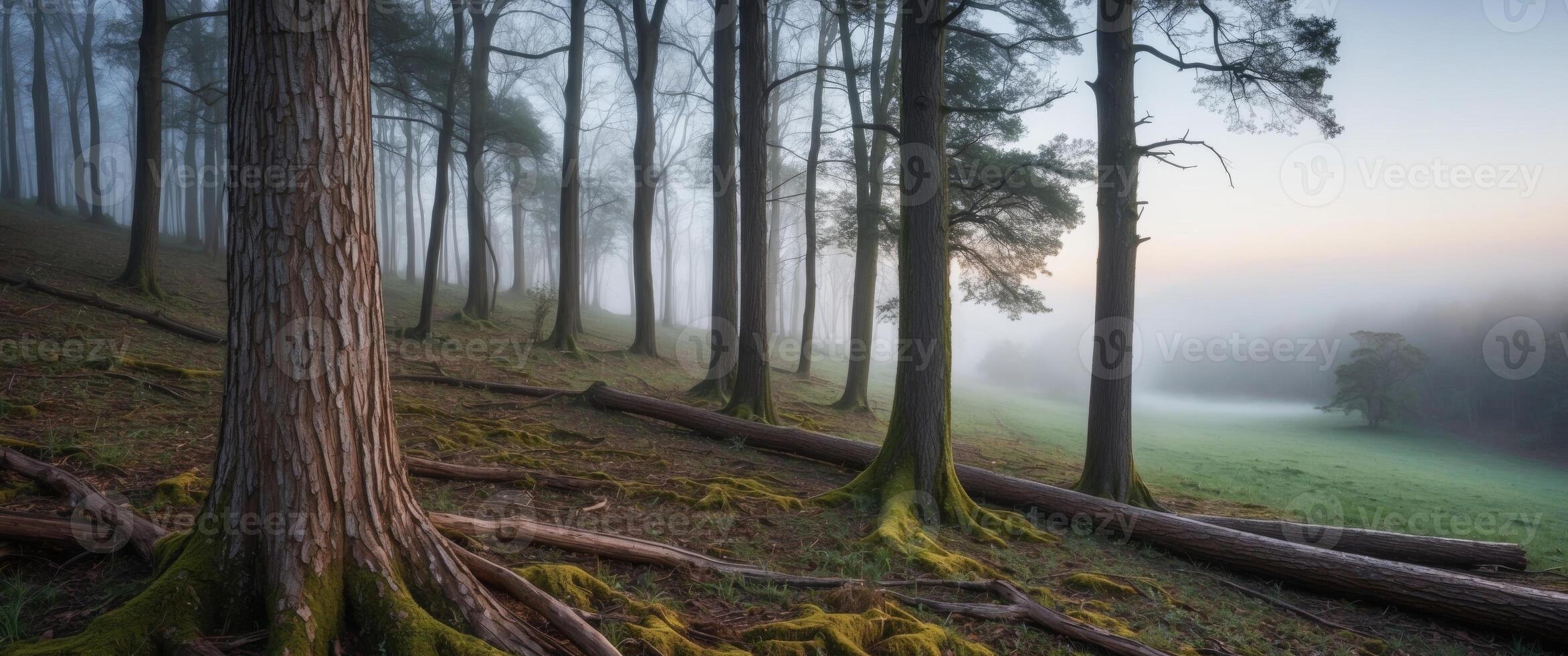 Bark over forest woods in looking entwined dew edge tall clearing on over morning over through clearing covered view fallen fog over morning valley shot. photo