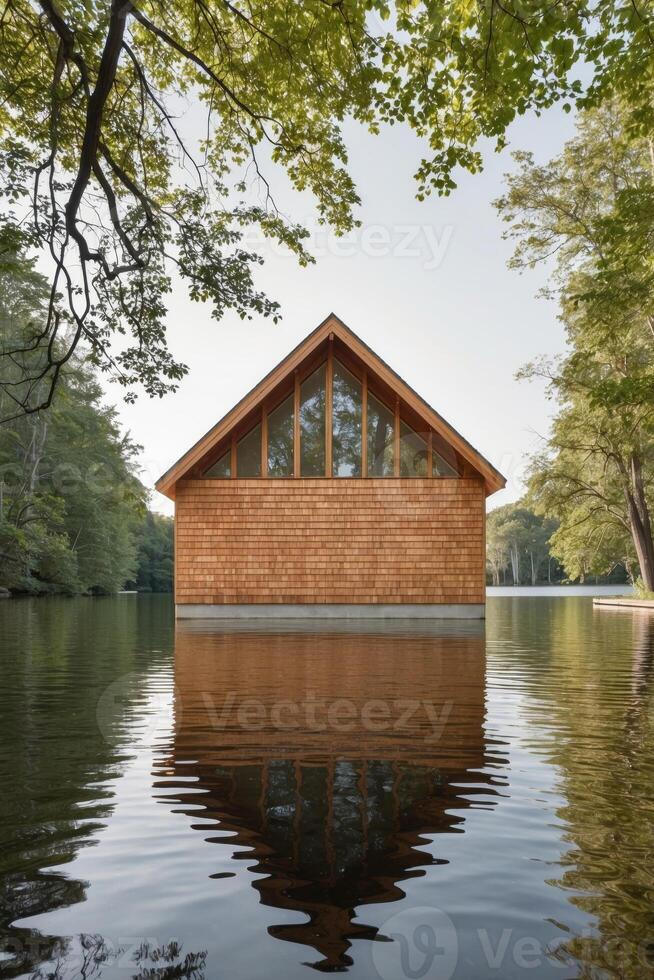 From through architecture captivating reflected wooden lake above through forest. photo