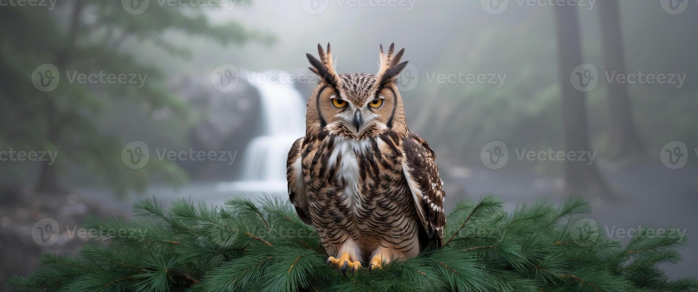 Rocky pine overhead flying morning macro sleeping owl majestic leaves eagle owl along through drone woods waterfall. photo