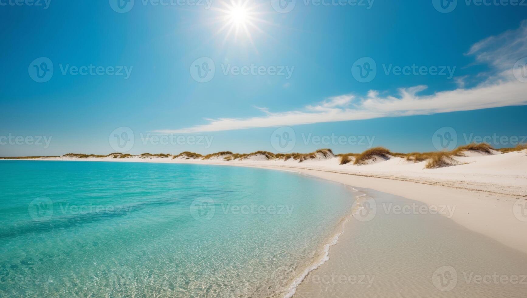 Serene lagoon with crystal clear water and sandy dunes under a bright sky. photo