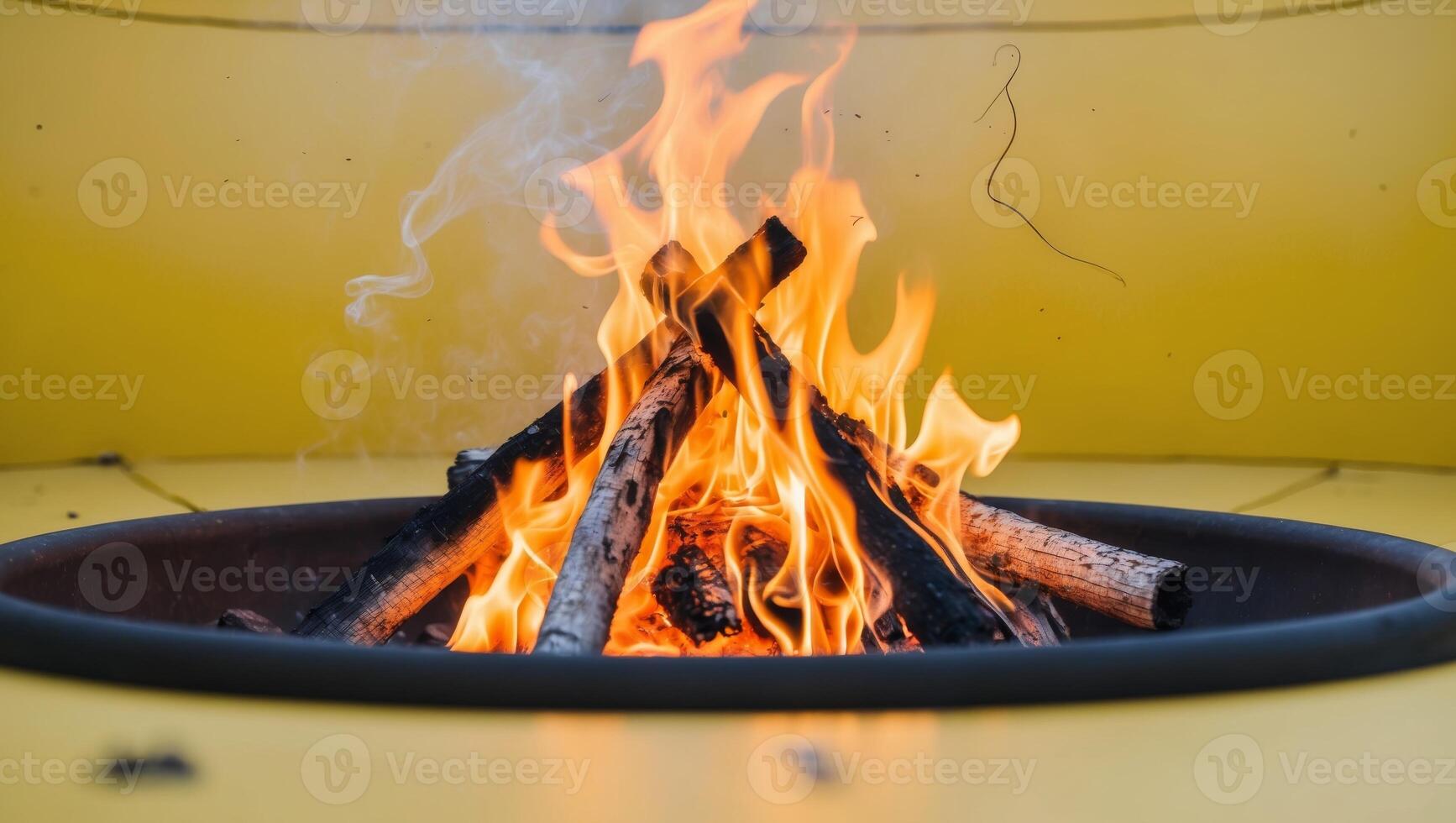 Burning Campfire with Flames on Yellow Background. photo