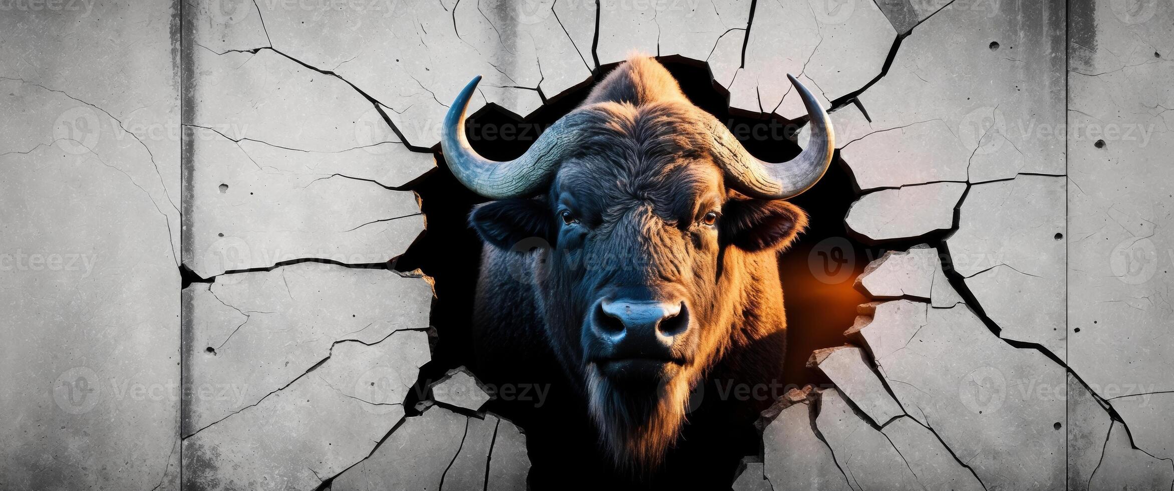 Buffalo Head Breaking Through a Cracked Wall. photo
