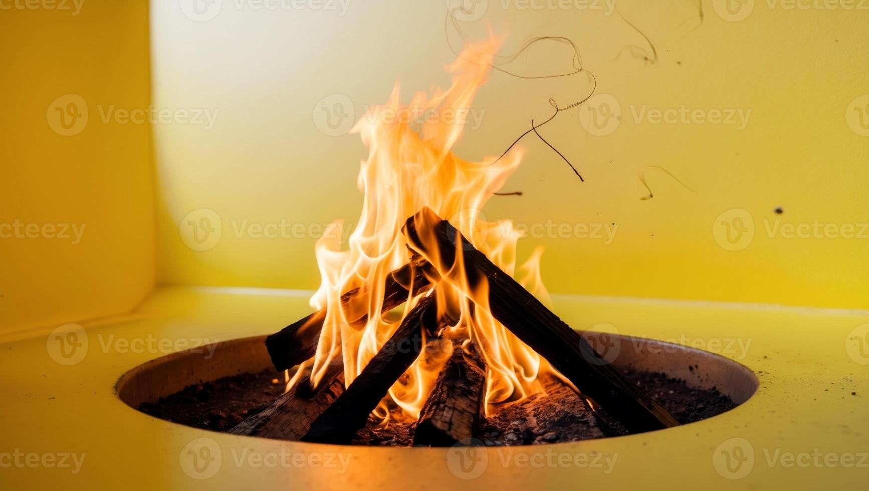Burning Campfire with Flames on Yellow Background. photo