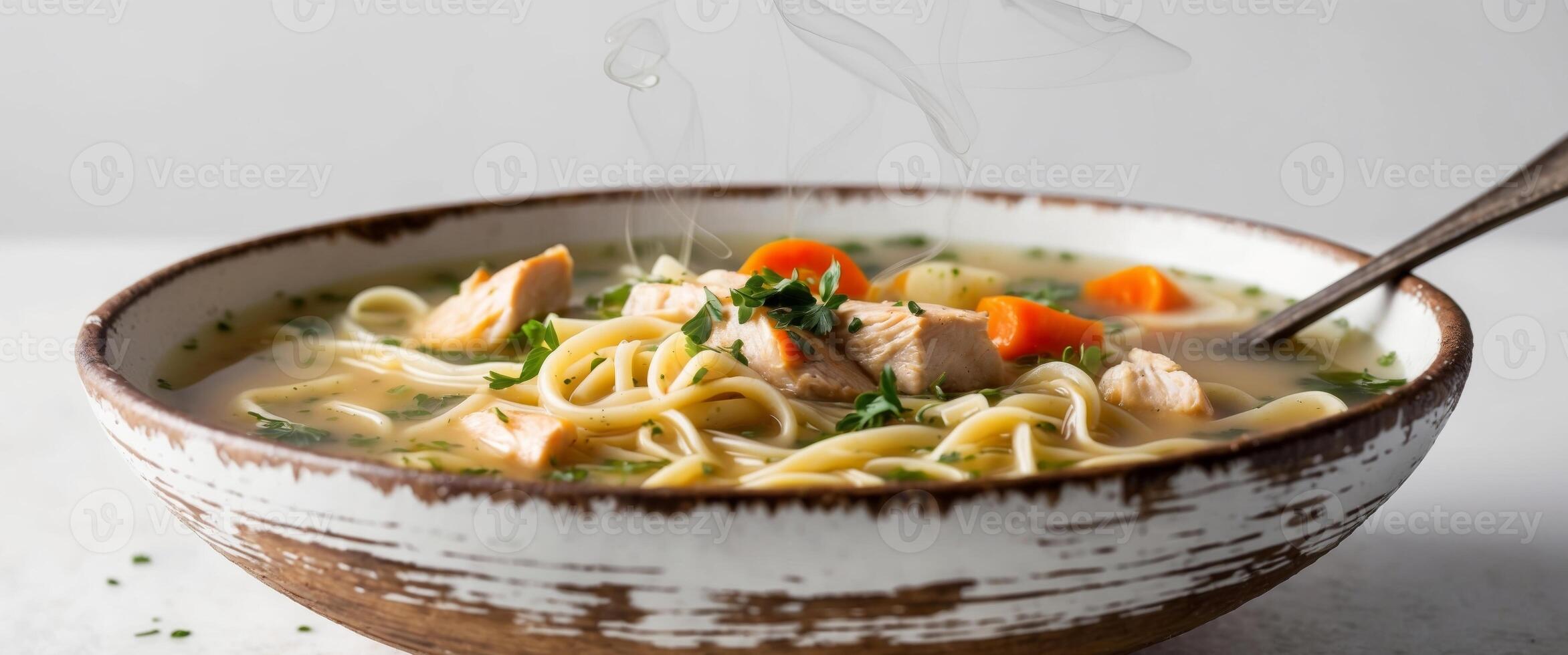 Close Up of Healthy Chicken Noodle Soup Comfort Food in Rustic Bowl Perfect for Cold Day. photo