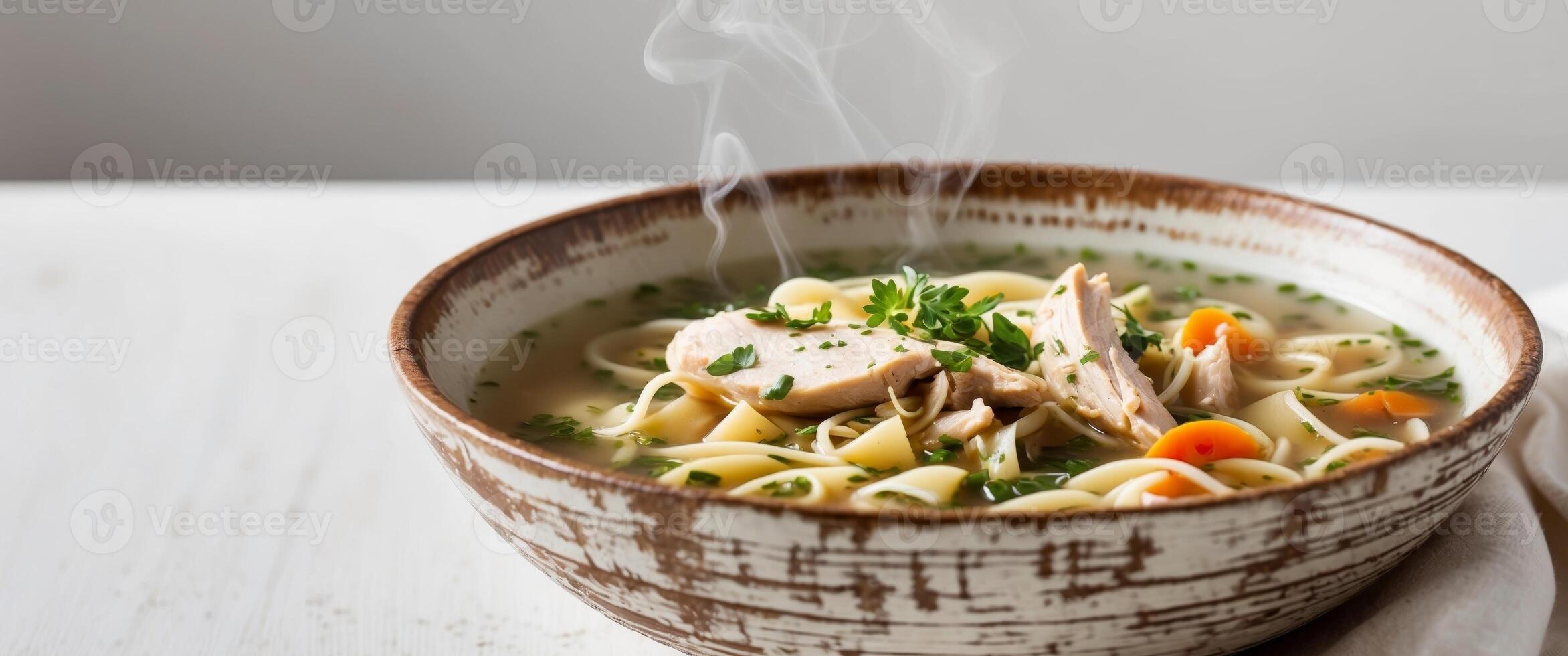 Close Up of Healthy Chicken Noodle Soup Comfort Food in Rustic Bowl Perfect for Cold Day. photo