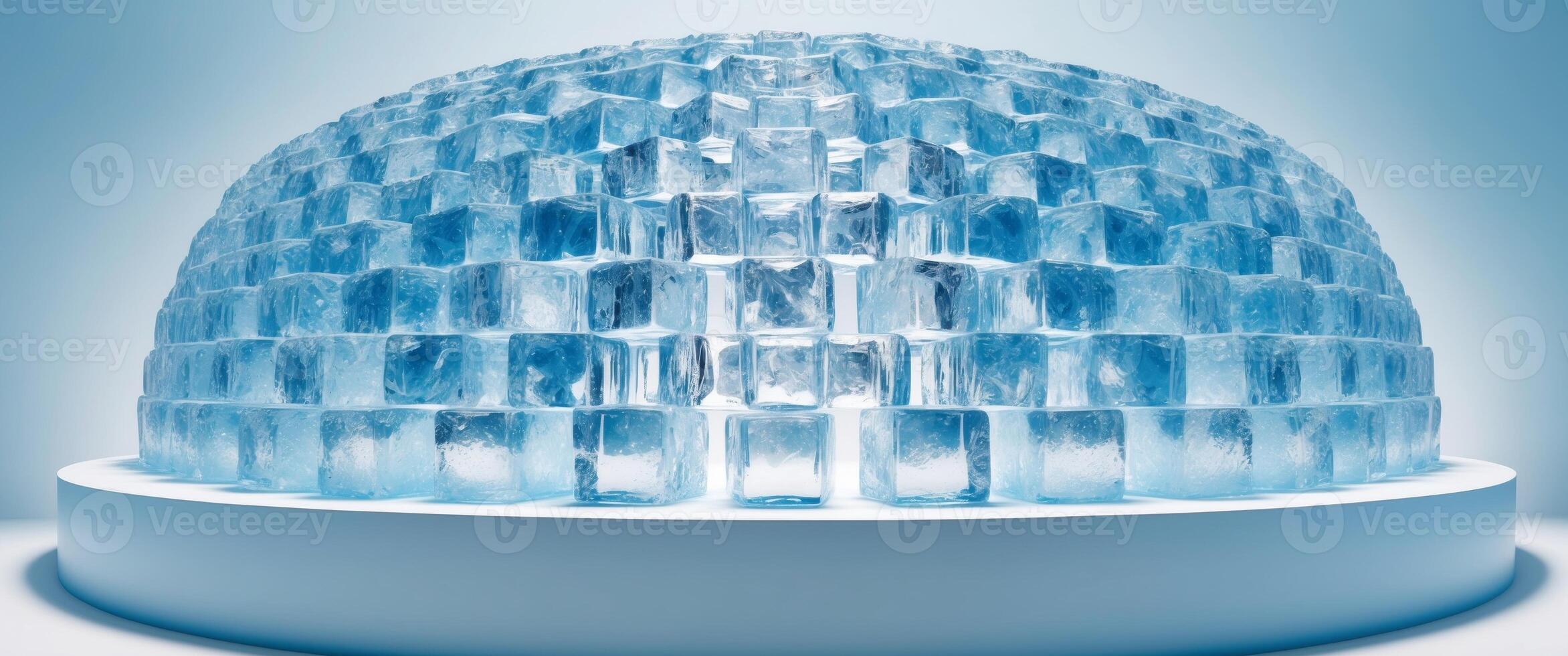 Cold blue ice cubes banner panorama on bluish background in light cold blue color. photo